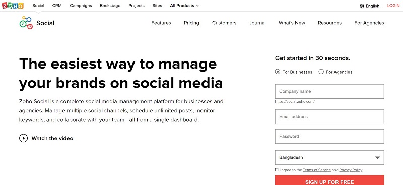 zoho social homepage