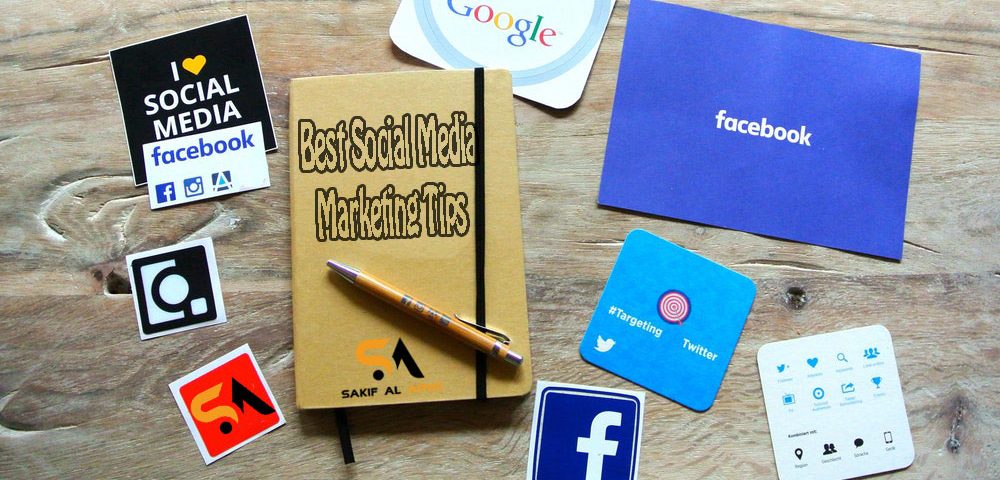 Best Social Media Marketing Tips: This pictures shows google, facebook, twitter, Instagram logo along with a notebook of marketing tips and a pen