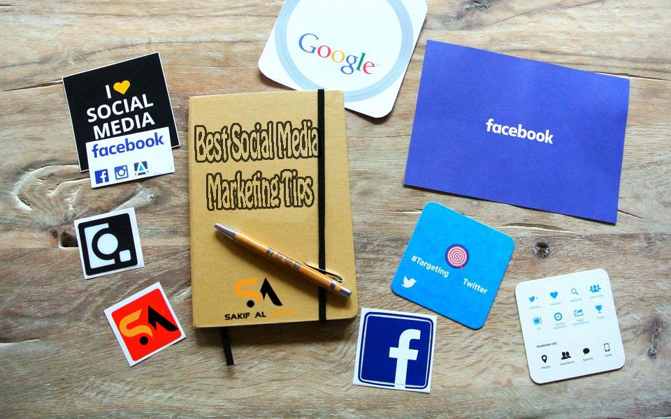 Best Social Media Marketing Tips: This pictures shows google, facebook, twitter, Instagram logo along with a notebook of marketing tips and a pen