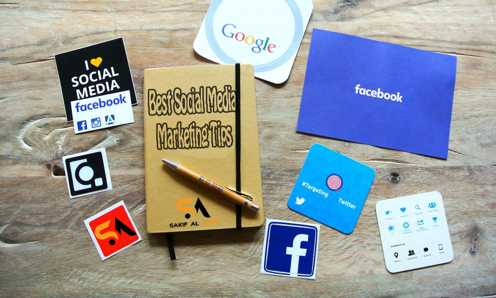 Best Social Media Marketing Tips: This pictures shows google, facebook, twitter, Instagram logo along with a notebook of marketing tips and a pen