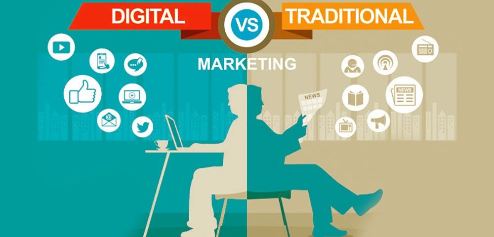 Half side of this image showing digital marketing and remaining side showing Traditional marketing