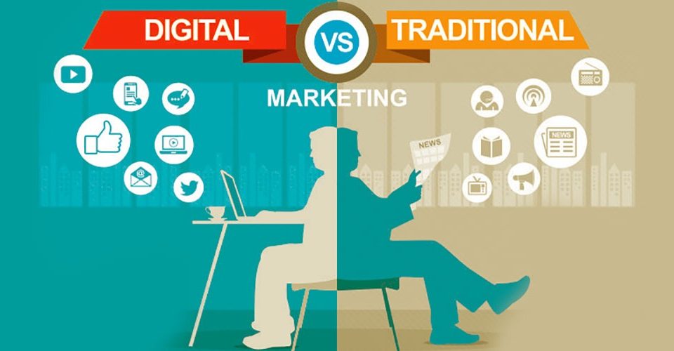 Half side of this image showing digital marketing and remaining side showing Traditional marketing