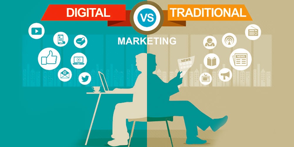 Half side of this image showing digital marketing and remaining side showing Traditional marketing